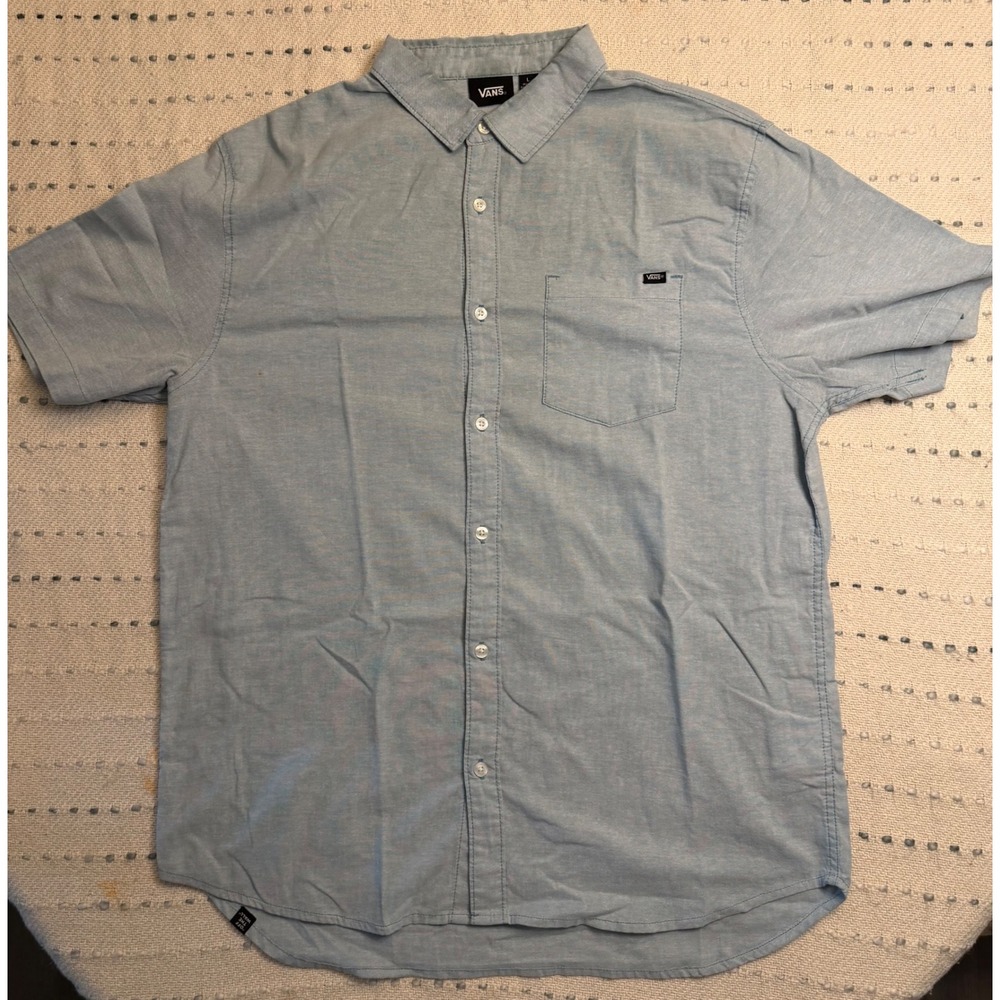 Vans Mens Large Short Sleeve Button Down Shirt Light Blue Chambray Skate Casual